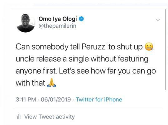 Pamilerin tweets shading Peruzzi after he lost the Next Rated award to Teni in January 2019. [LindaIkejiblog]