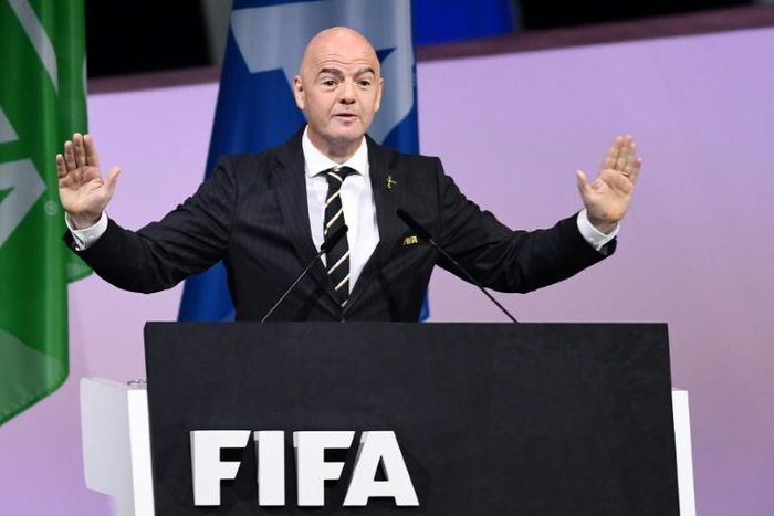 Gianni Infantino speaks at the FIFA Congress in Paris, where he will be re-elected unopposed for a second term