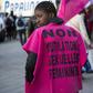 A woman wears a jersey reading, "No to female genital mutilation" during a demonstration in 2018