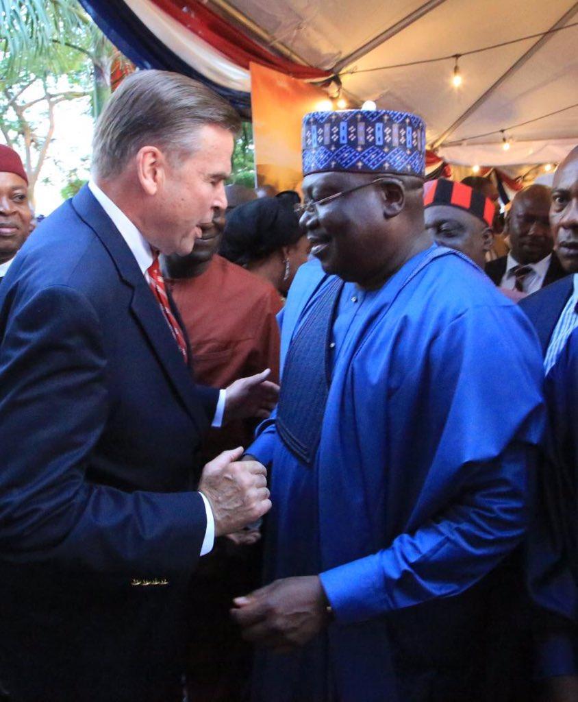 President of the Senate, Senator Ahmad Lawan, joined the United States Ambassador to Nigeria, Stuart Symington in the celebration of the 243rd Independence Anniversary of the USA at the US Embassy in Abuja. [Twitter/@SPNigeria]