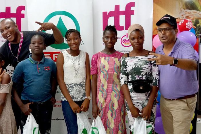 (L-R) Annabel Ajaegba; Stanlee Ohikhuare, Artistic Director, RealTime Film Festival (RTF); Folorunsho Suliton; Hannah Adaja; Oreoluwa Ayorinde; Opeyemi  Olagunju and John Goldsmith, Group Head, Marketing, SPAR with all shortlisted kid actors at the aud...