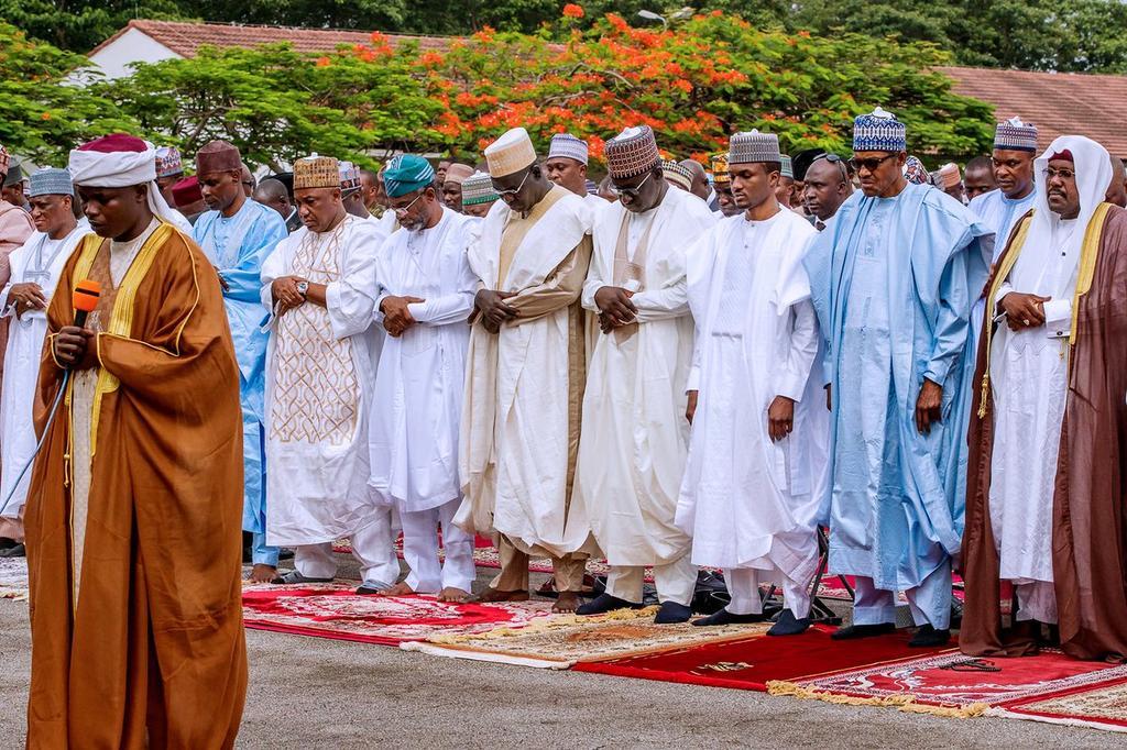 President Muhammadu Buhari attends Eid el-Fitr Prayers earlier today at the Mabilla Barracks, in Abuja. [Twitter/@BashirAhmaad]