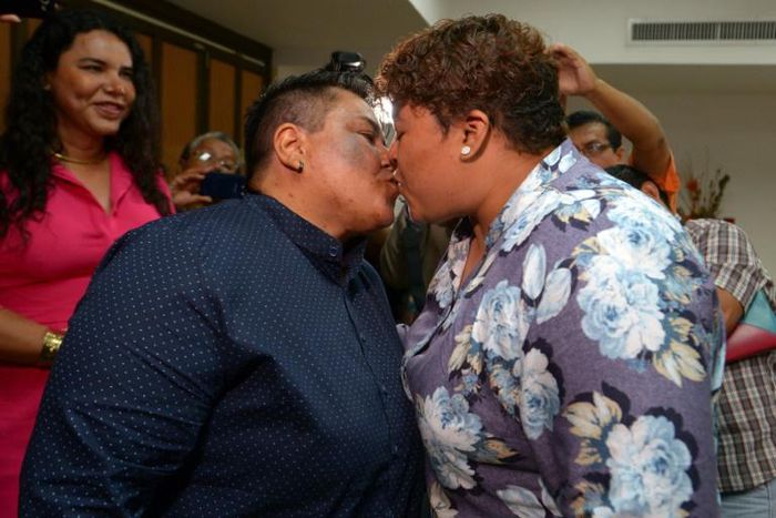Alexandra Chavez (left) and Michelle Aviles have become the first same-sex couple to get married in Ecuador