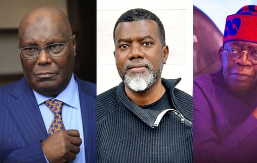 L-R: Former vice president Atiku Abubakar, Reno Omokri and President Bola Tinubu. [Facebook/Getty Images]