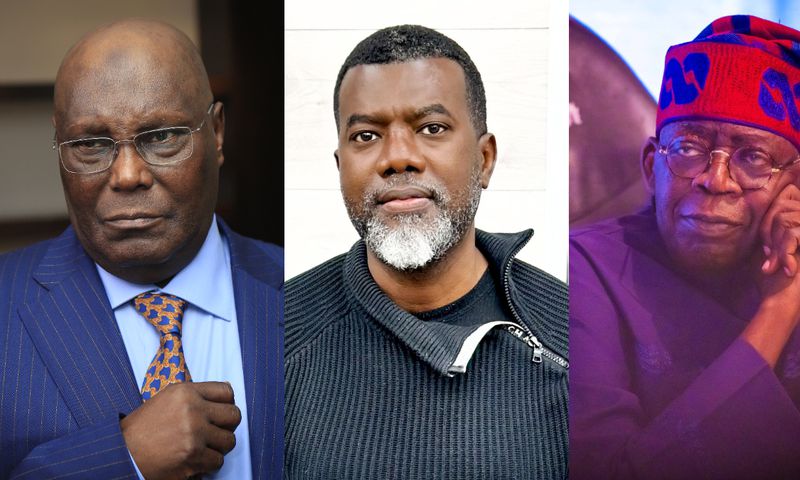 L-R: Former vice president Atiku Abubakar, Reno Omokri and President Bola Tinubu. [Facebook/Getty Images]