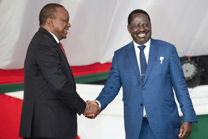 Once were rivals: President Uhuru Kenyatta, left, and opposition leader Raila Odinga at an annual prayer breakfast for national unity in May 2018.