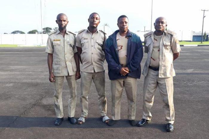 Officers of the Nigerian Immigration Service rescued from kidnappers’ camp by troops of the Nigerian Navy Ship Pathfinder in Port Harcourt on Wednesday. [NAN]