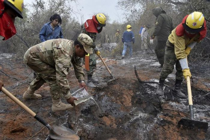 Soldiers, firemen and volunteers combat forest fires near Robore in eastern Bolivia, on August 25, 2019
