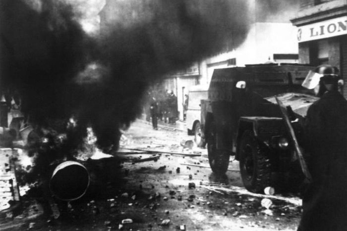 Police fire tear gas in Londonderry on August 13, 1969, the second day of rioting by protesting Catholics which led to the deployment of British troops