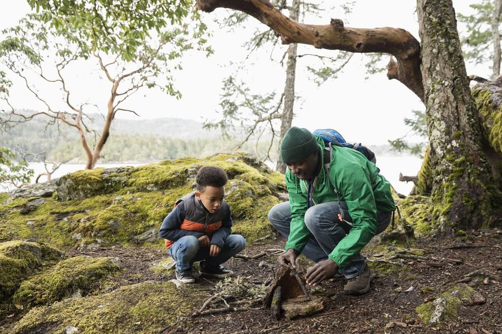 Father and son building campfire in woods