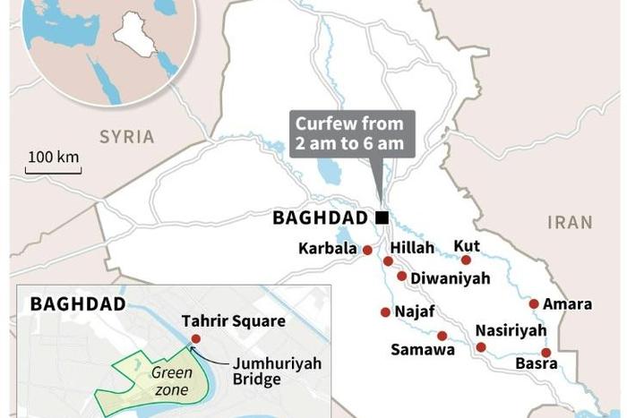 Map showing major protests areas in Iraq since October 1