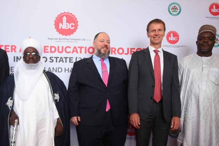 L-R: Water Resources & Technologies Manager, Coca-Cola Hellenic Bottling Company (CCHBC), Nils Deeke; Seriki Fulani Jaedanawa of Kano, Abubakar Gwadabe Buhari; Managing Director, Nigerian Bottling Company Limited, George Polymenakos; Group Quality, Saf...