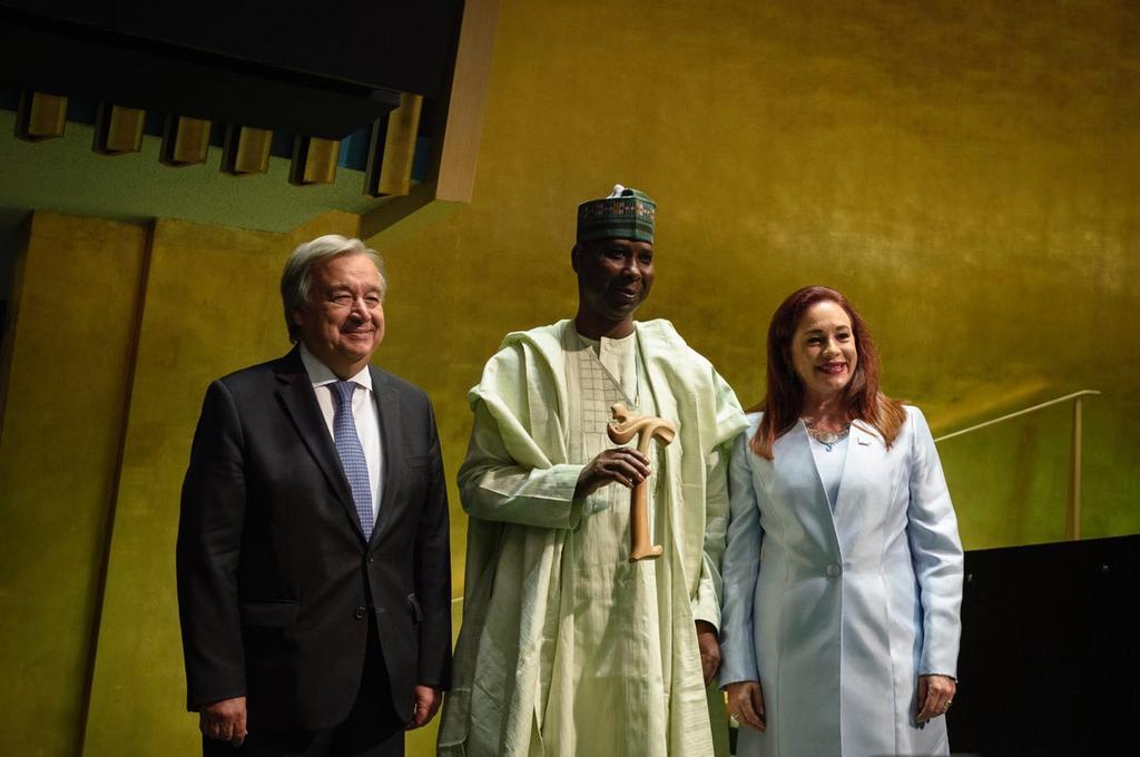 Secretary-General of UN, Antonio Guterres, President of 74th United Nations General Assembly Tijjani Muhammad-Bande and his predecessor, Ms Maria Espinosa, the President of the 73rd UNGA [Twitter/@BandeTijjani]