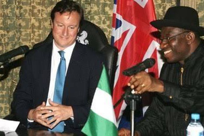 Former British Prime Minister, David Cameron and Former President of Nigeria, Goodluck Jonathan. (Vanguard)