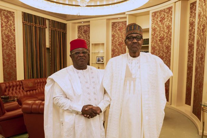 President Muhammadu Buhari and receives in guest Governor of Ebonyi State, H.E Dave Umahi at Aso Rock [Twitter/@BashirAhmaad]