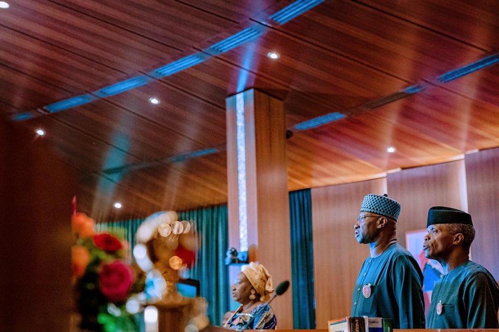 Vice President Yemi Osinbajo presides as FEC honours Prof. Tam David-West. [Twitter/@NigeriaGov]