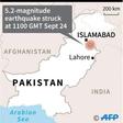 Map locating a 5.2 magnitude earthquake that struck near the Kashmiri city of Mirpur in Pakistan.