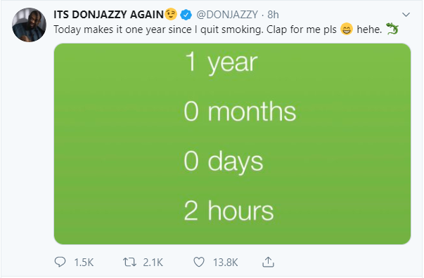 Don Jazzy announced that it's been a total of 365 days he last smoked. [Twitter/donjazzy]