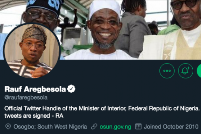 Rauf Aregbesola updates his Twitter profile to reflect his new political appointment.(Twitter/@raufaregbesola)