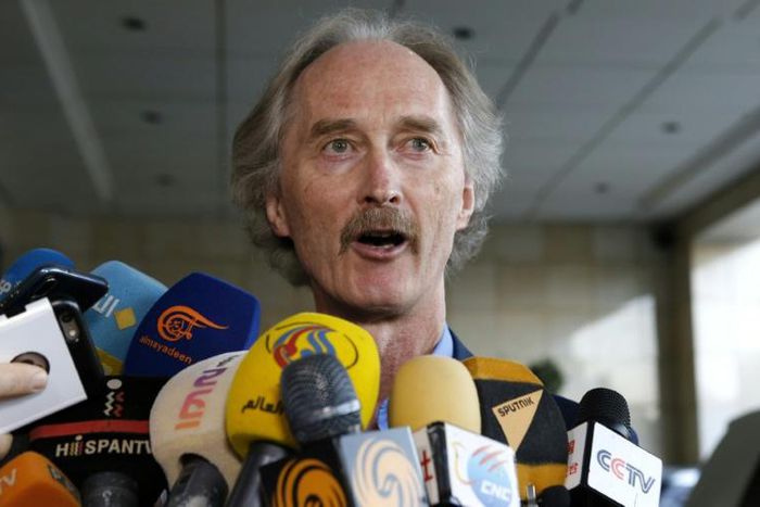 United Nations special envoy to Syria Geir Pedersen speaks to journalists upon his arrival in the Syrian capital Damascus on September 22, 2019. Pedersen is set to meet with Syria's Foreign Minister Walid Muallem tomorrow for fresh talks on forming a c...