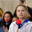Swedish environment activist Greta Thunberg speaks during a "FridaysForFuture" climate protest at Civic Center Park in Denver, Colorado, on October 11, 2019