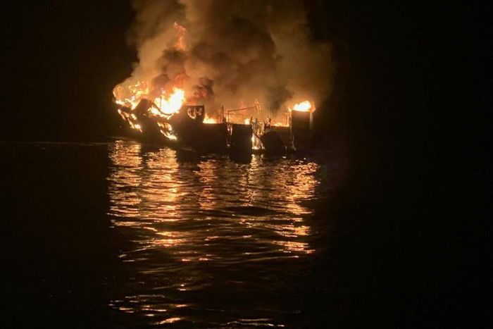 In this photo released by the Santa Barbara County Fire Department on September 2, 2019, the Conception burns off the coast of Santa Cruz Island, California