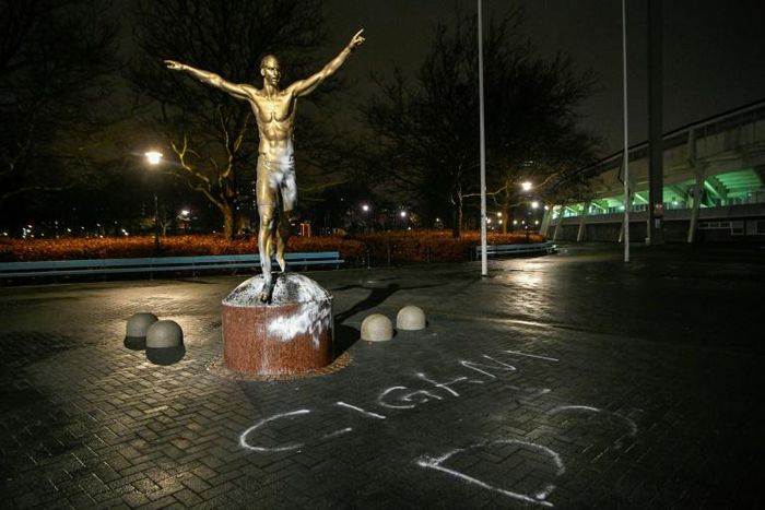 The fire-damaged statue of Zlatan Ibrahimovic in Malmo