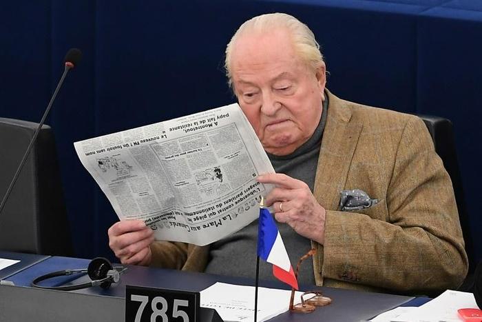 (FILES) This file photo taken on March 14, 2018 shows French far-right Front National (FN) party founder, former leader and MP Jean-Marie Le Pen at the European Parliament in Strasbourg; Le Pen has been charged with "embezzlement of public funds"