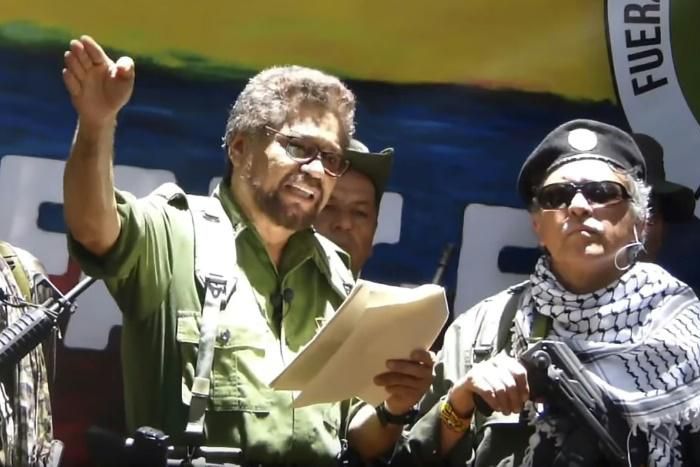 Former senior commander of the dissolved FARC rebel group Ivan Marquez (L) and fugitive rebel Jesus Santrich (R) are pictured in a video published on August 29, 2019 announcing their return to arms