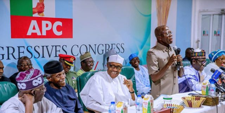 APC National Leader, Bola Tinubu, Vice President Yemi Osinbajo, President Muhammadu Buhari, APC National Chairman, Adams Oshiomhole at the national caucus of the party. (Instagram/Punch)