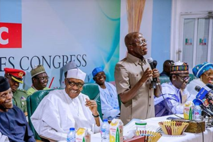 APC National Leader, Bola Tinubu, Vice President Yemi Osinbajo, President Muhammadu Buhari, APC National Chairman, Adams Oshiomhole at the national caucus of the party. (Instagram/Punch)