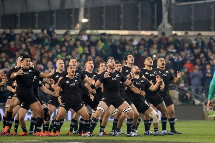 New Zealand players perform the haka ahead of their last match against Ireland in November 17, 2018. Ireland won the match 16-9