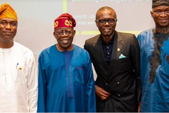 From Left: Deputy Governor, Dr. Obafemi Hamzat; Asiwaju Bola Tinubu; Governor Babajide Sanwo-Olu and Minister of Works and Housing, Mr. Babatunde Fashola, SAN at a retreat for Lagos State cabinet members and permanent secretaries. (Twitter/Punch)