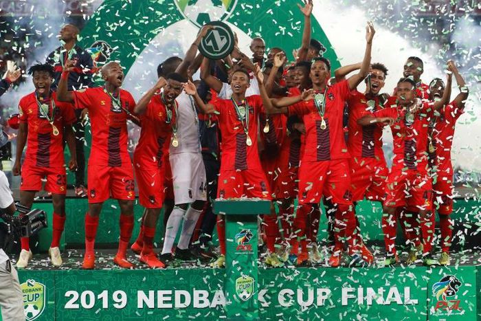 Second division club TS Galaxy celebrate a shock victory over Kaizer Chiefs in the 2019 South African Cup final