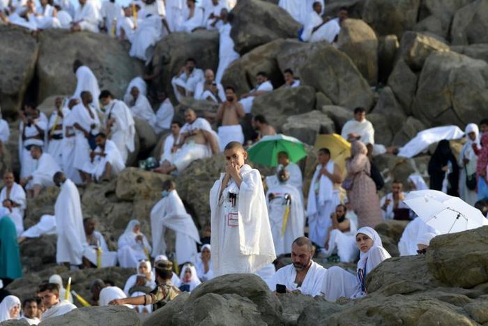 Muslim pilgrims pray for their sins at Mount Arafat, a rocky hill southeast of Mecca also known as Mount of Mercy, in a ritual that is regarded as the high point of the annual hajj