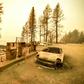 A burnt car and a gas station remain visible on November 11, 2018 after the "Camp" fire tore through the region near Pulga, east of Paradise, California