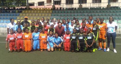 The United States (U.S.) Consul General, Claire Pierangelo, with the sport girls at the launchgirls’ football program titled: “Goal! Strong Girls, Bright Future” in Lagos on Monday