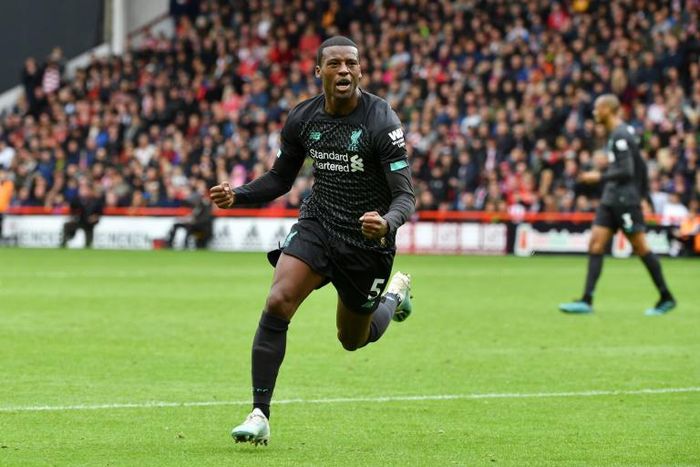 Liverpool midfielder Georginio Wijnaldum celebrates his winner at Sheffield United
