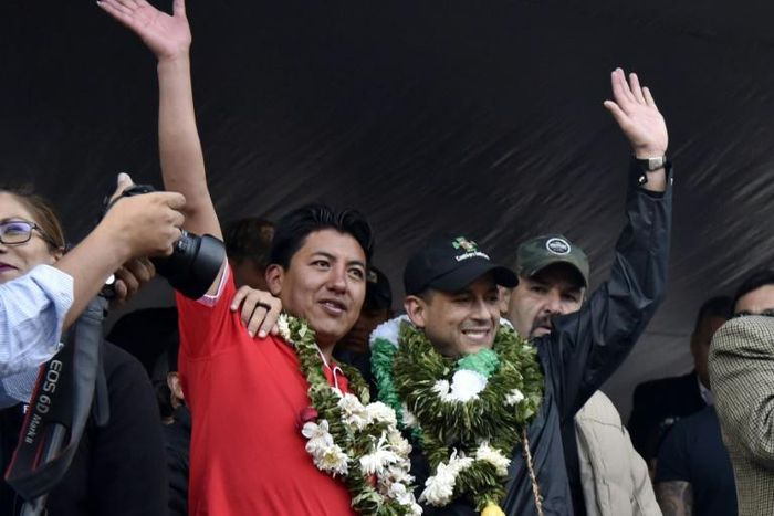 Bolivian opposition leader Luis Fernando Camacho (R), seen in La Paz on November 7, 2019 with fellow civic leader Marco Pumari, has announced his candidacy for the presidency, amid speculation the two might form a political alliance