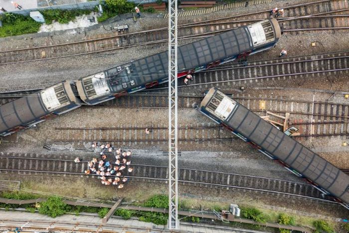 Three carriages left the tracks and were zigzagged across the rails near Hung Hom station in Kowloon