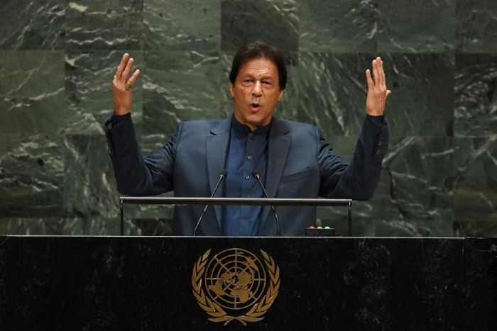 Pakistani Prime Minister Imran Khan speaks during the 74th Session of the General Assembly at UN Headquarters in New York on September 27, 2019