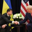 US President Donald Trump and Ukrainian President Volodymyr Zelensky shake hands during a meeting in New York on September 25, 2019, on the sidelines of the United Nations General Assembly
