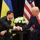 US President Donald Trump and Ukrainian President Volodymyr Zelensky shake hands during a meeting in New York on September 25, 2019, on the sidelines of the United Nations General Assembly