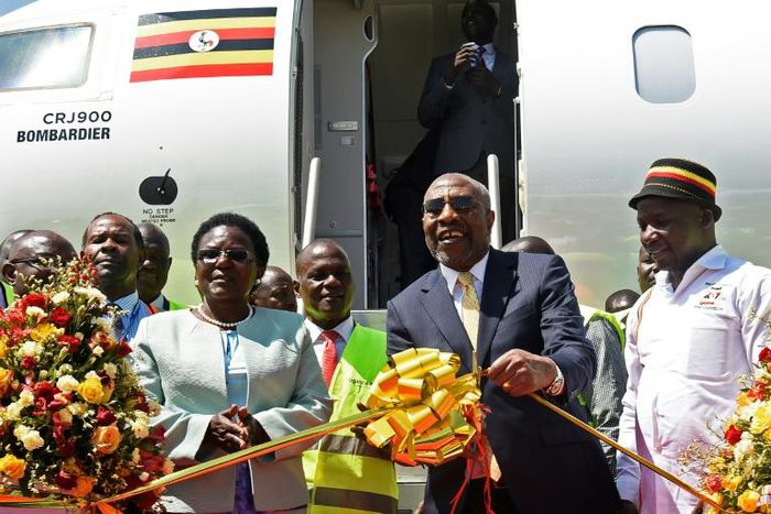 Uganda’s Prime Minister Ruhakana Rugunda and Transport Minister Monica Azuba both attended the relaunch of the airline ahead of an inaugural flight from Entebbe International Airport to Nairobi