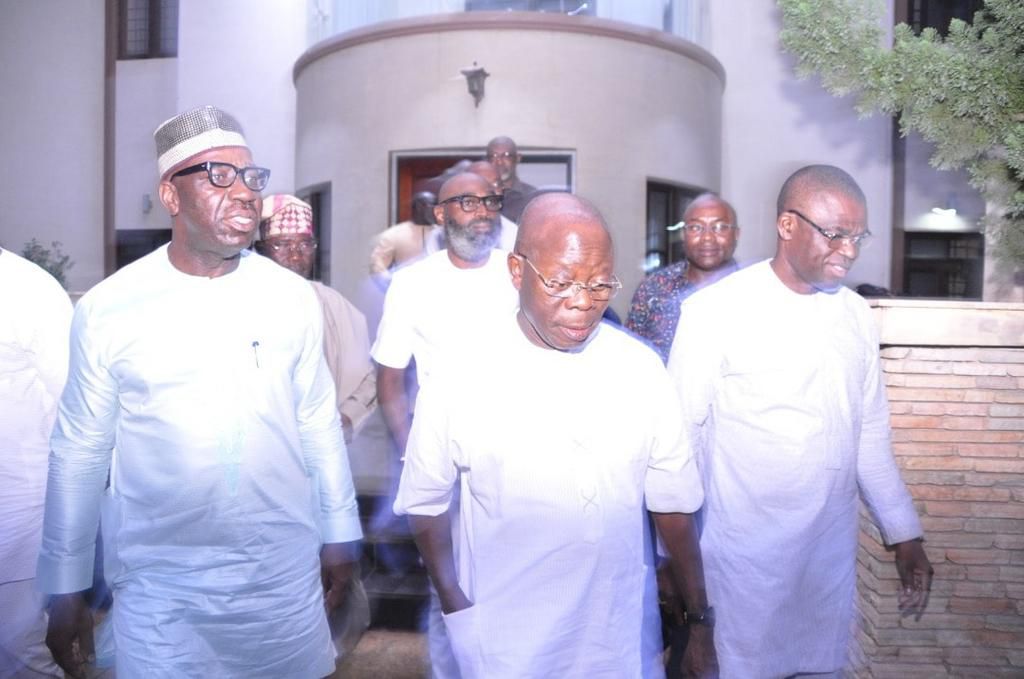 National Chairman of All Progressives Congress (APC), Comrade Adams Oshiomhole, has blamed the Nigerian media for the alleged rift between himself and Gov. Godwin Obaseki  [Facebook/Governor Godwin Obaseki]