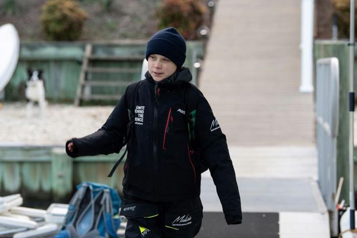 Swedish climate activist Greta Thunberg bords the catamaran "La Vagabonde" as she sets sail to Europe from Hampton, Virginia