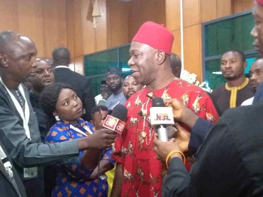 Ekweremadu addressing journalists after his loss to Senator Omo-Agege for the seat of Deputy Senate President (Premium Times)