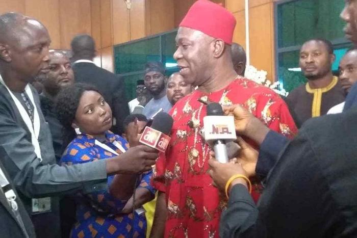 Ekweremadu addressing journalists after his loss to Senator Omo-Agege for the seat of Deputy Senate President (Premium Times)