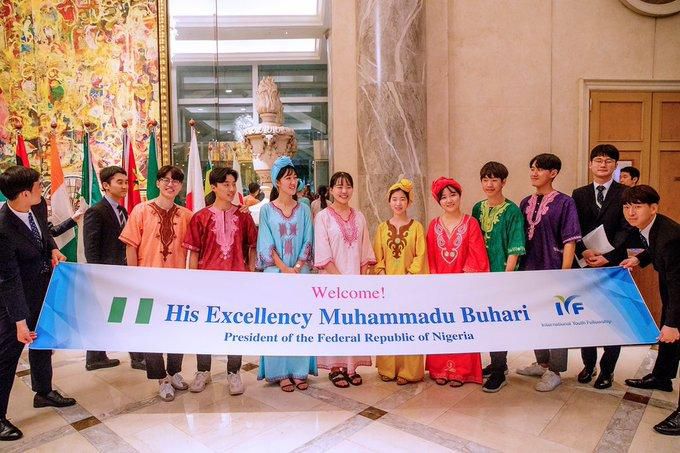 President Muhammadu Buhari with Governor Samuel Ortom of Benue State, Minister of Foreign Affairs, Geoffrey Onyeama and Nigerian Ambassador to Japan Amb. Mohammed Gana Yisa after his arrival in Japan ahead of the 7th Tokyo International Conference on A...