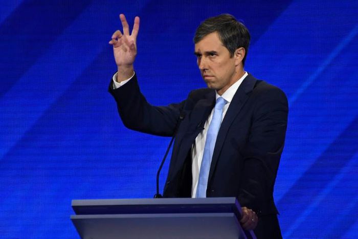 Democratic presidential hopeful Former Texas Representative Beto O'Rourke gestures during the third Democratic primary debate of the 2020 presidential campaign season on Thursday